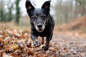 Energetic black dog running through autumn forest path