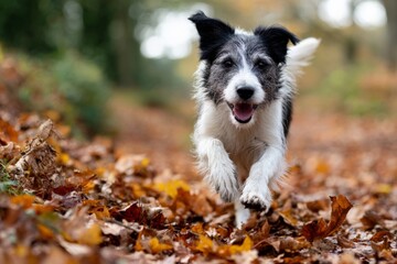 Happy black and white dog running through autumn leaves in the park
