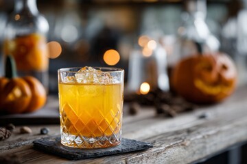 Autumn-themed cocktail with ice in a crystal glass on rustic table