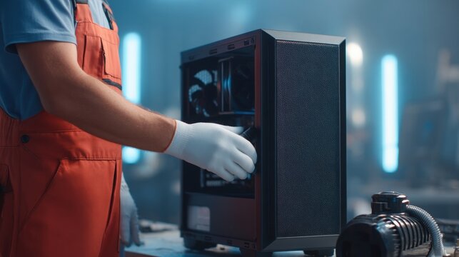 gaming console repair Technician assembling a computer in a modern workshop with ambient lighting.