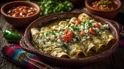 Green Chile Enchiladas: Authentic Mexican Dish with Hatch Chiles in Clay Dish