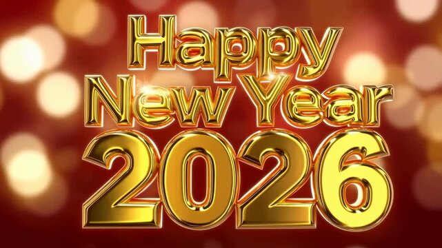 Glittering Happy New Year 2026 gold text animation with sparkling festive lights