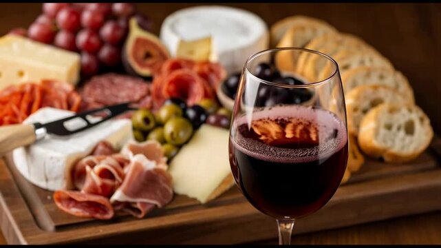Close-up red wine pouring into glass next to cheese and cured meats