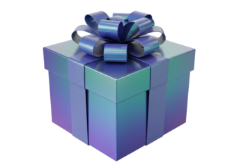 Blue and purple gift box with bow isolated PNG, present for birthday or Christmas on transparent background