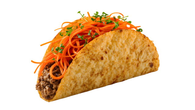 Crispy taco shell filled with ground beef, shredded carrot, and microgreens isolated on the transparent background