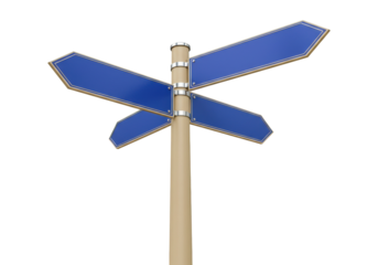 Blue directional signpost PNG isolated on transparent background, wayfinding signage with multiple arrows for navigation and decision making