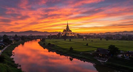 Obraz premium Majestic temple illuminated by vibrant sunrise over reflective riverside