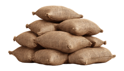 Stack of Burlap Sacks in Neutral Brown Color on White Background