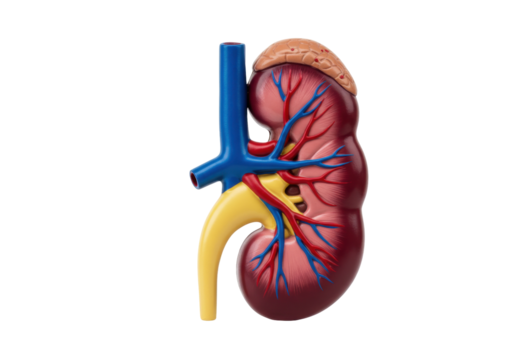 Human kidney model isolated PNG, anatomical organ with renal artery and vein on transparent background for medical education and healthcare