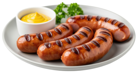 Grilled sausages with mustard on a plate transparent background cutout png