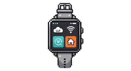 Pixelated Smartwatch with App Icons Displayed on Screen.