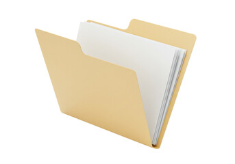 Tan file folder with documents isolated PNG, office paperwork and organization for business and education on transparent background