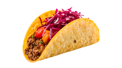 Crunchy taco with beef filling, fresh tomatoes, diced peppers, and red cabbage slaw in a golden corn shell on the transparent background