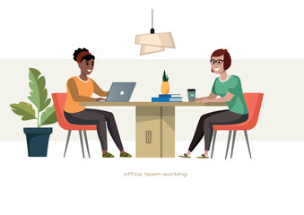 Flat vector illustration of diverse office team working together on a project