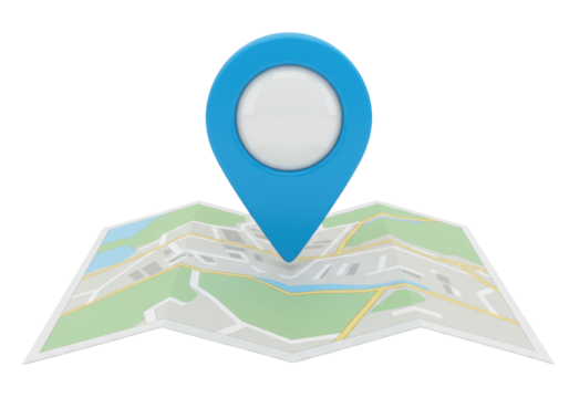 Blue map pointer on unfolded map isolated PNG, location pin for navigation and travel planning on transparent background
