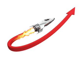 Rocket ship with flames and red arrow isolated PNG, symbol of growth and success on transparent background