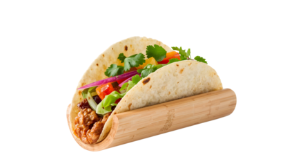 Fresh chicken taco with colorful vegetables and cilantro in bamboo holder on the transparent background