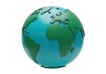 Earth globe PNG isolated on transparent background, green and blue world map with continents for geography and environmental concepts