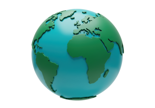 Earth globe PNG isolated on transparent background, green and blue world map with continents for geography and environmental concepts