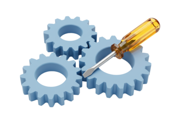 Three light blue gears and yellow screwdriver isolated PNG, mechanical engineering concept for repair and maintenance on transparent background