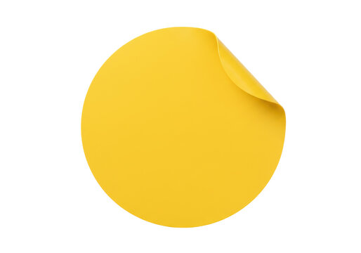 Bright yellow round sticker PNG isolated on transparent background, adhesive label with curled corner for branding and product design