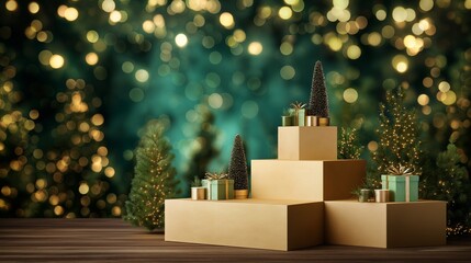 Festive christmas podium mockup with text space, magic banner template with winter decorations, xmas trees, gift boxes and candles, warm cozy bokeh light on celebration dark green emerald background
