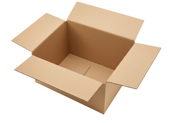 Open brown cardboard box isolated PNG, empty container for shipping and storage on transparent background