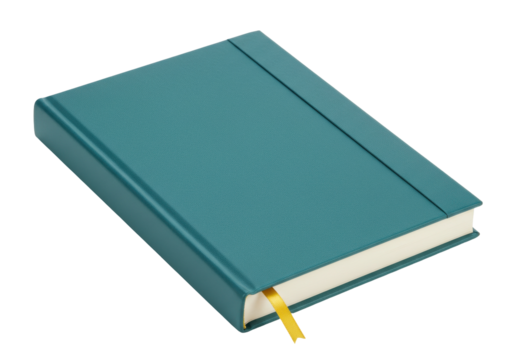 Teal hardcover notebook with yellow ribbon isolated on transparent background, journal for writing and planning PNG