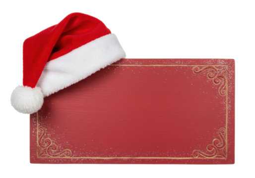 Red Santa hat on wooden sign PNG isolated, Christmas decoration with festive frame on transparent background
