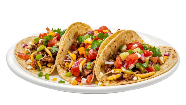 Fresh mexican tacos with beef, cheese, colorful vegetables, and cilantro on white plate isolated on the transparent background - Powered by Adobe