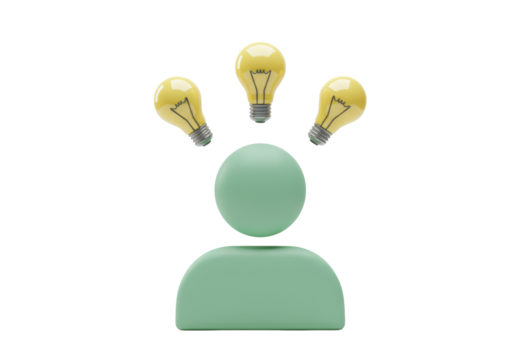 Creative person with light bulbs isolated PNG, green 3D avatar with ideas on transparent background, innovation and brainstorming concept