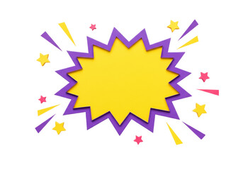 Yellow and purple comic explosion PNG isolated on transparent background, cartoon burst with stars and rays for graphic design and decoration