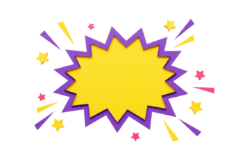 Yellow and purple comic explosion PNG isolated on transparent background, cartoon burst with stars and rays for graphic design and decoration