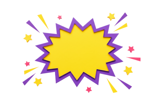 Yellow and purple comic explosion PNG isolated on transparent background, cartoon burst with stars and rays for graphic design and decoration
