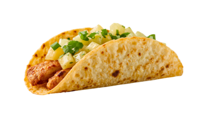 Authentic mexican taco with grilled chicken, pineapple, cilantro, and tortilla isolated on the transparent background