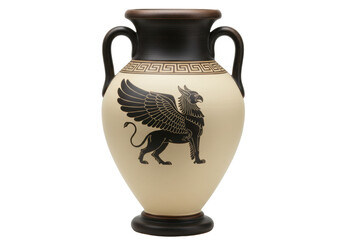 Ancient Greek amphora with griffin isolated PNG on transparent background, antique vase with mythological creature for design use
