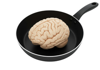 Human brain in a frying pan isolated PNG, conceptual image for creative cooking and culinary arts on transparent background