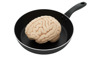 Human brain in a frying pan isolated PNG, conceptual image for creative cooking and culinary arts on transparent background