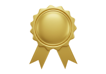 Golden award badge PNG isolated on transparent background, shiny seal with ribbon for recognition and achievement design element