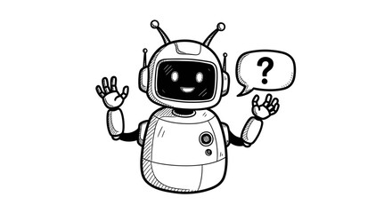 Friendly Hand-Drawn Cartoon Robot with Question Mark Speech Bubble.