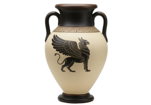 Ancient Greek amphora with griffin isolated PNG on transparent background, antique vase with mythological creature for design use