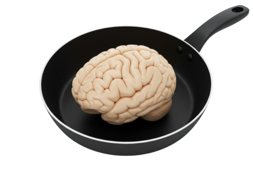Human brain in a frying pan isolated PNG, conceptual image for creative cooking and culinary arts on transparent background