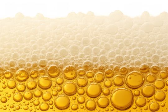 Beer froth and liquid overflowing, golden bubbles forming a refreshing texture with a transparent background