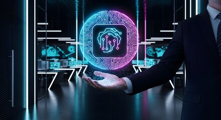 Man presenting glowing digital brain interface, futuristic technology concept, artificial intelligence, innovation, and data science.