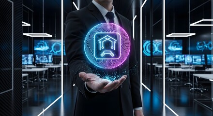 Man presenting glowing smart home technology concept with digital circuit board sphere.