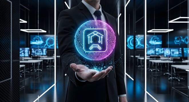 Man presenting glowing smart home technology concept with digital circuit board sphere.