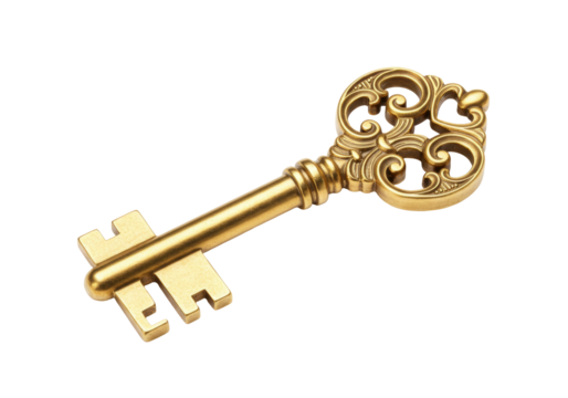 Ornate golden key isolated on transparent background PNG, antique vintage style for design elements and security concepts