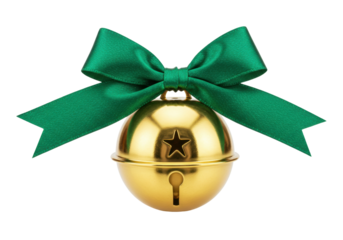 Golden jingle bell with green bow isolated PNG, festive Christmas ornament for holiday decoration and seasonal design projects