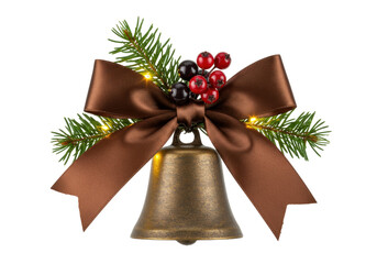 Festive bronze Christmas bell with brown bow isolated PNG, holiday decoration for seasonal design and greeting cards