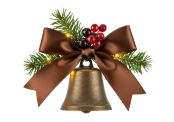 Festive bronze Christmas bell with brown bow isolated PNG, holiday decoration for seasonal design and greeting cards